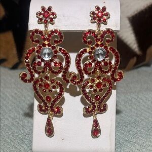 Indian Wedding Jewelry Gold and Red Rhinestone Dangle Earrings